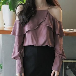 Ruffled Cold Open Shoulder Violet Pink Blouse